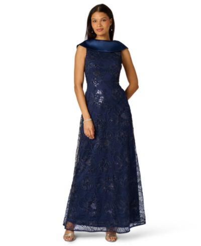 Adrianna Papell Women's Embroidered Boat Neck Gown