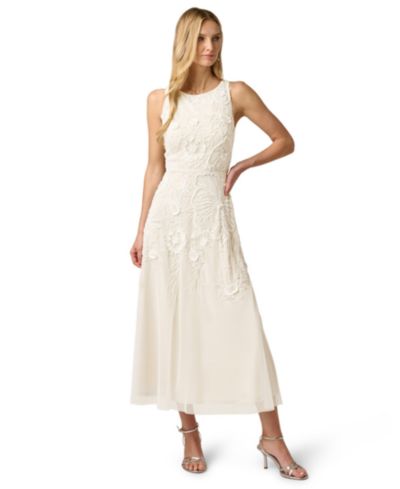 Adrianna Papell Women's Beaded Mesh Crewneck Midi Dress