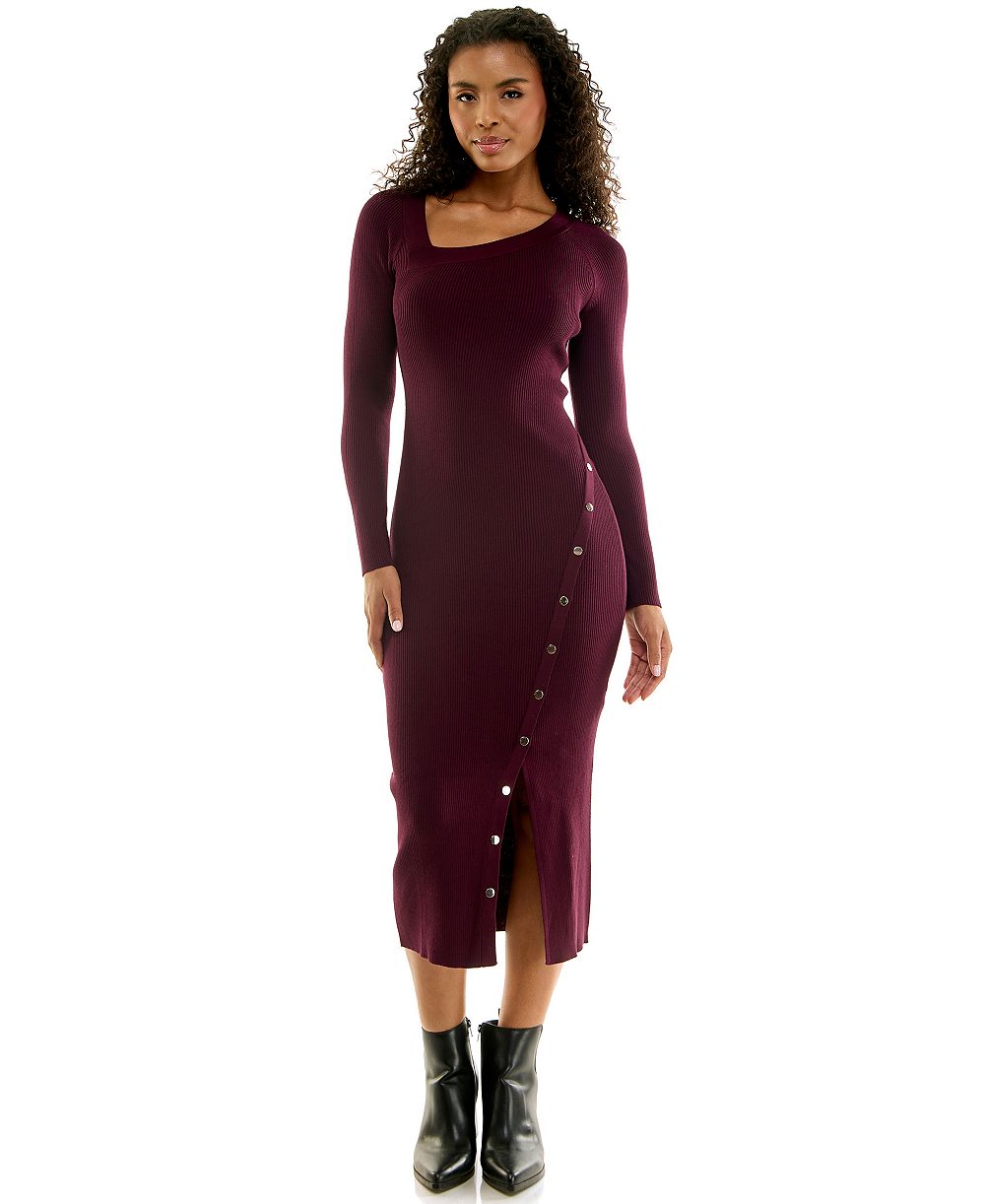 INVITEE Juniors' Square Neck Long Sleeve Midi Sweater Dress with Asymmetrical Button Detail