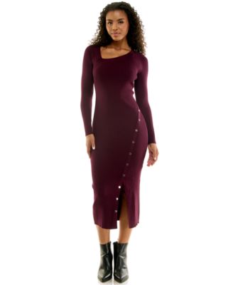 INVITEE Juniors' Square Neck Long Sleeve Midi Sweater Dress with Asymmetrical Button Detail