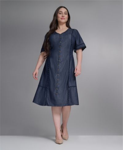KARL LAGERFELD PARIS Plus Size Rayon-Blend Chambray V-Neck Dress