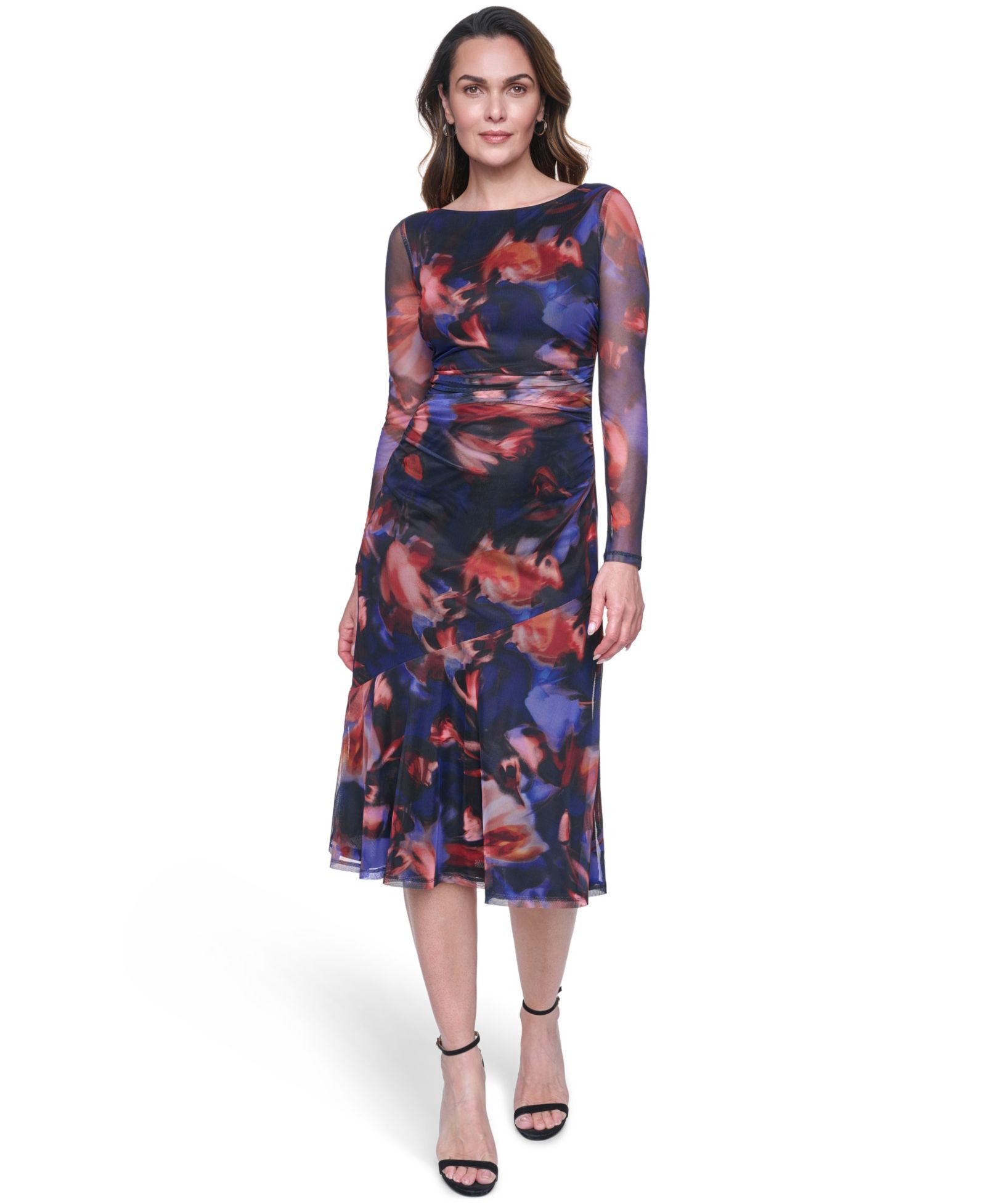 Платье Vince Camuto Petite Long-Sleeve Side Ruched Mesh Midi