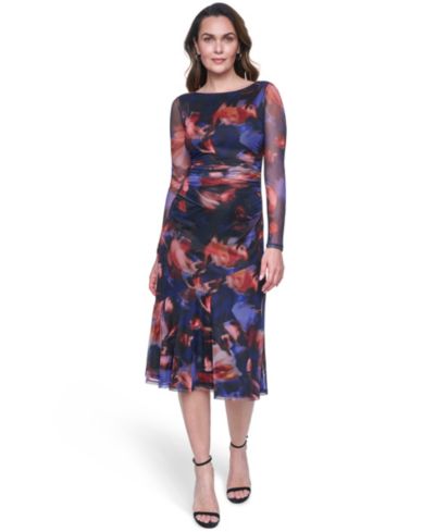 Vince Camuto Petite Long-Sleeve Side Ruched Mesh Midi Dress