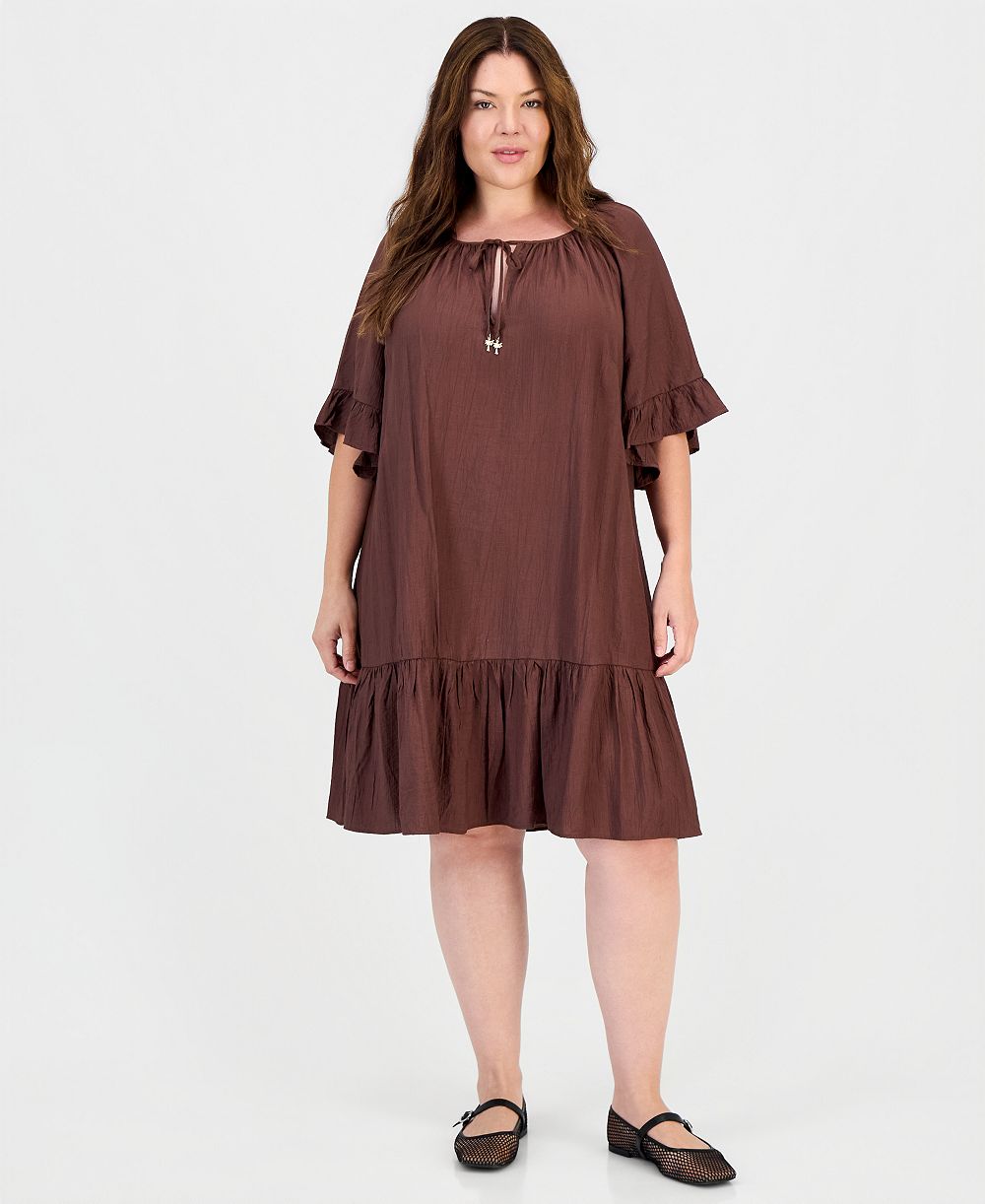Платье Robbie Bee Plus Size Ruffle-Hem Bell-Sleeve Split-Neck