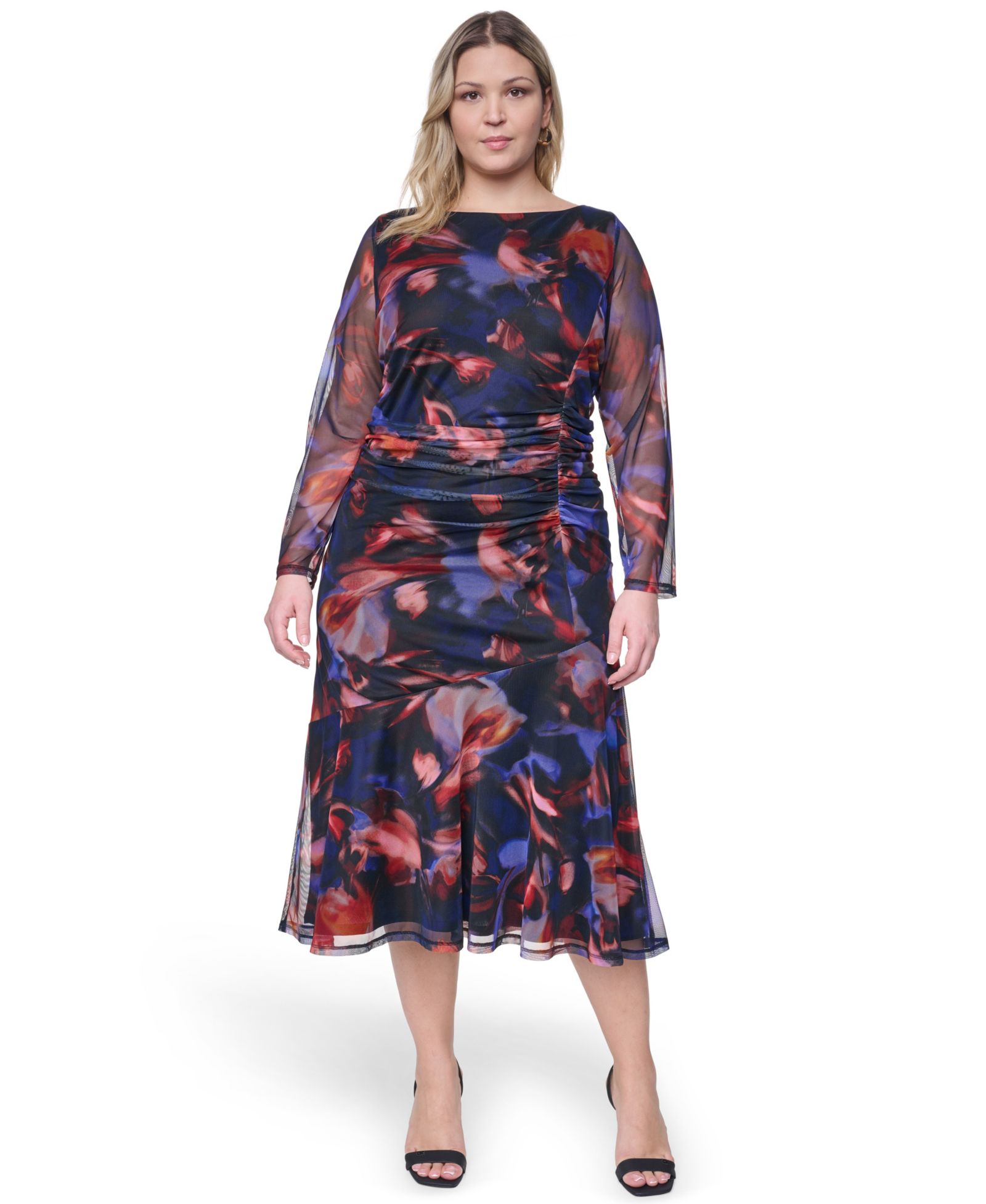 Vince Camuto Plus Size Printed Side Ruched Mesh Midi Dress