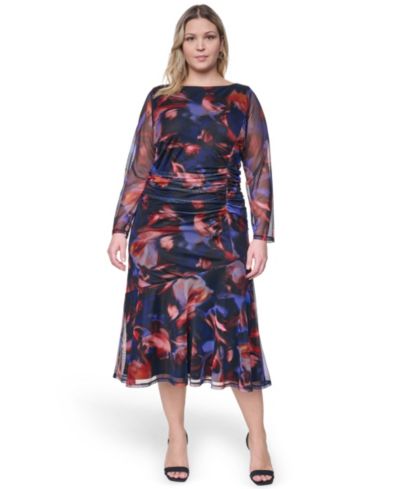 Vince Camuto Plus Size Printed Side Ruched Mesh Midi Dress