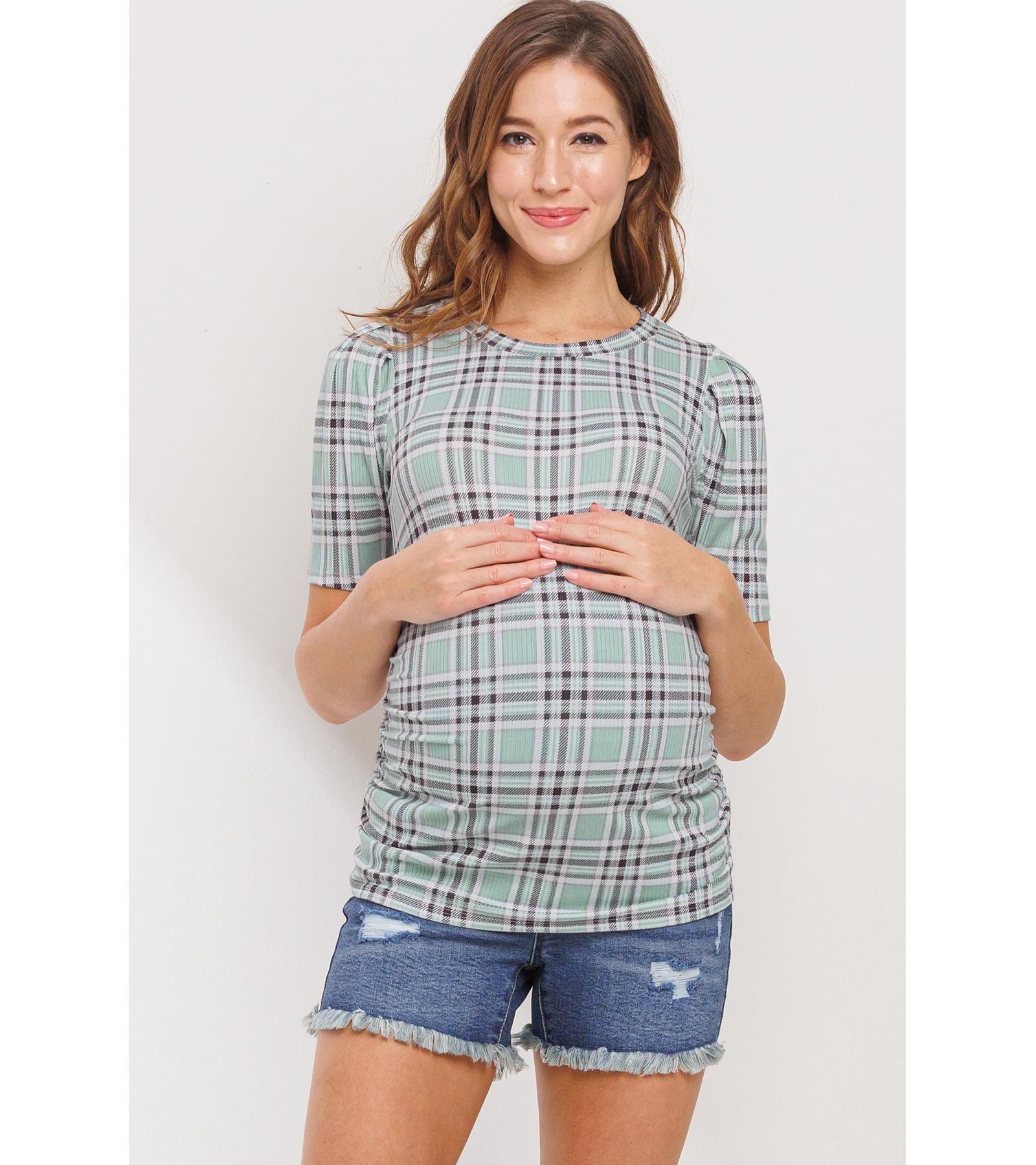 Топ Hello Miz Maternity Plaid Ruched Puff Sleeve Fitted
