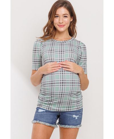 Hello Miz Maternity Plaid Ruched Puff Sleeve Fitted Top