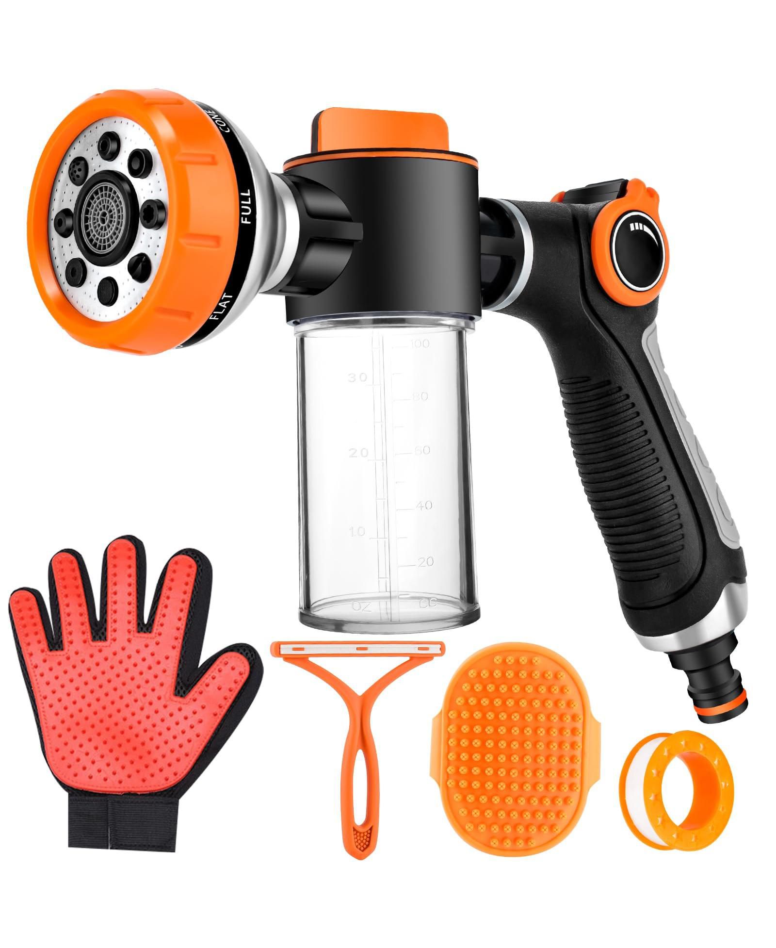 ARONKL Upgrade Dog Washing Hose Attachment 8 Spray Patterns 3.5oz Soap Dispenser Gloves Bath Brush