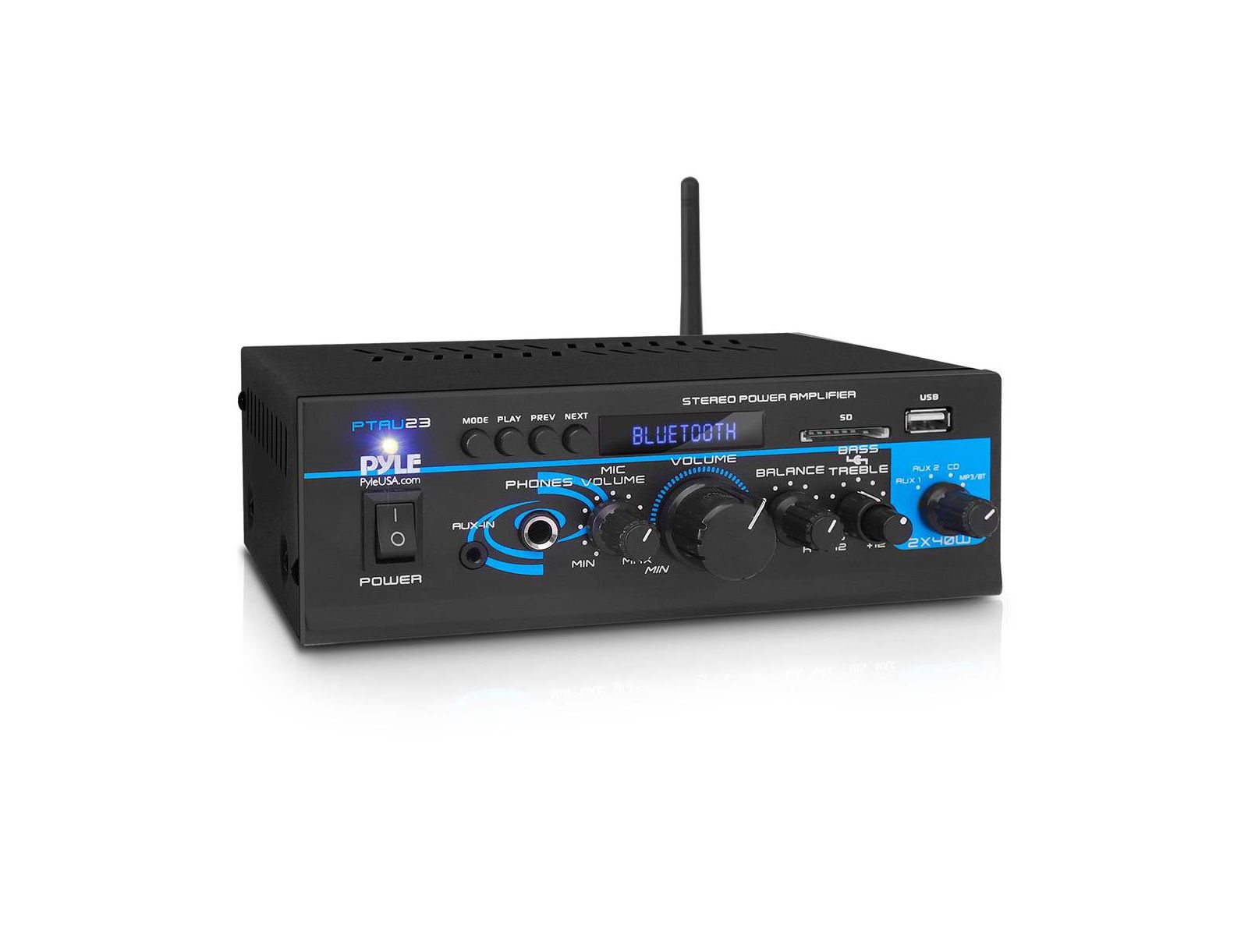Pyle Мини-стерео усилитель мощности 2x40W с Bluetooth, USB и AUX
