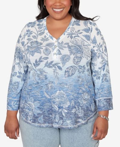 Alfred Dunner Plus Size Out of the Blue Ombre Batik Floral Henley Top