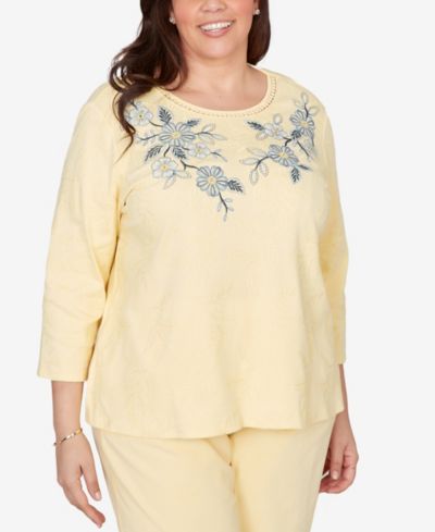 Alfred Dunner Plus Size Out of the Blue Floral Embroidered Sunshine Top