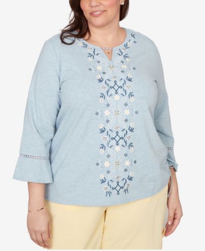 Alfred Dunner Plus Size Out of the Blue Center Scroll Embroidered Side Tie Top