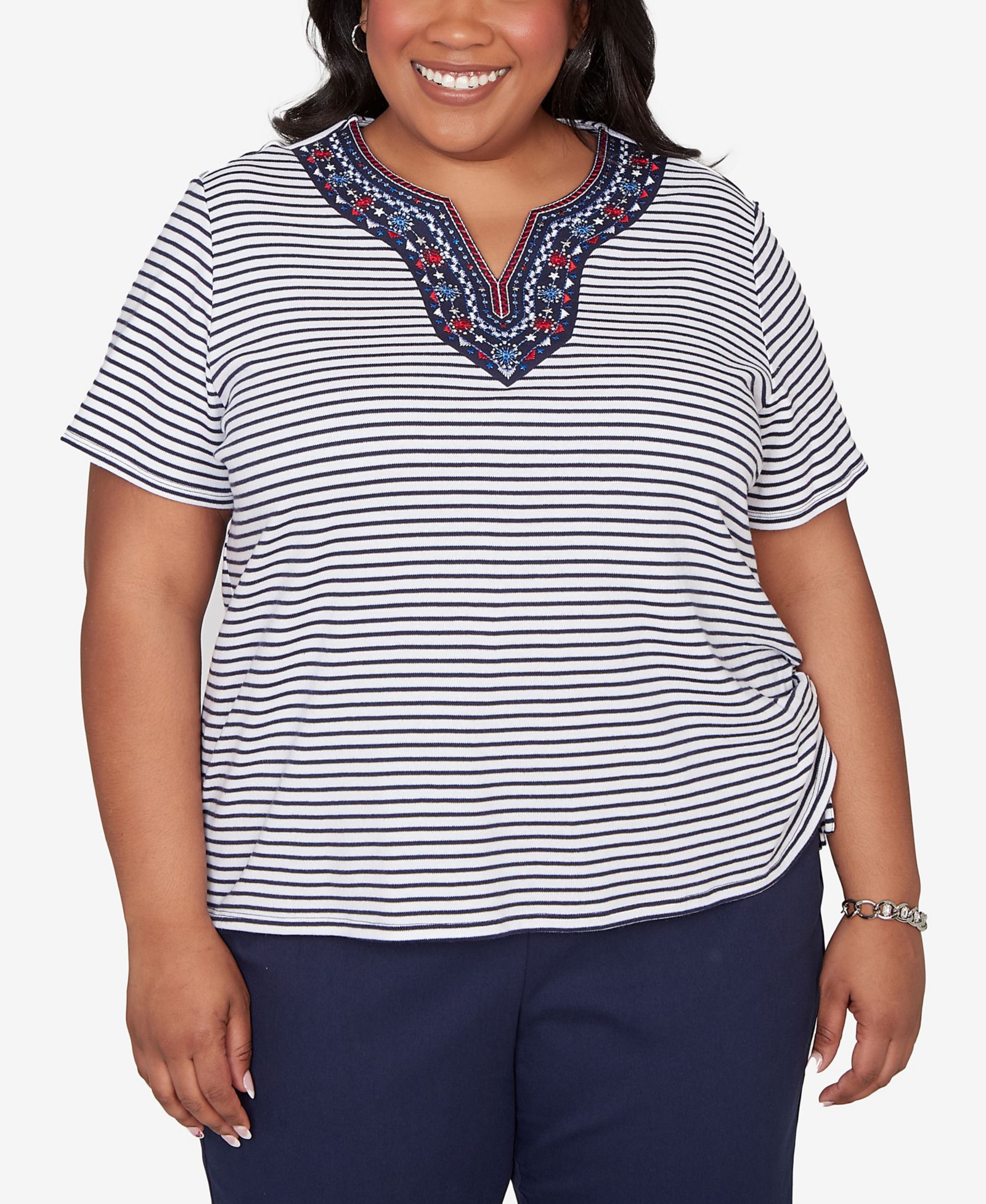 Alfred Dunner Plus Size Lady Liberty Embroidered Neck Striped Side Tie Top