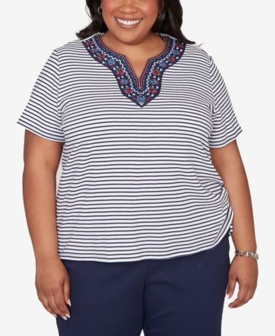 Alfred Dunner Plus Size Lady Liberty Embroidered Neck Striped Side Tie Top