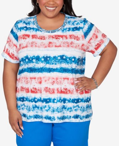 Футболка Alfred Dunner Plus Size Lady Liberty Americana Tie Dye Stripes