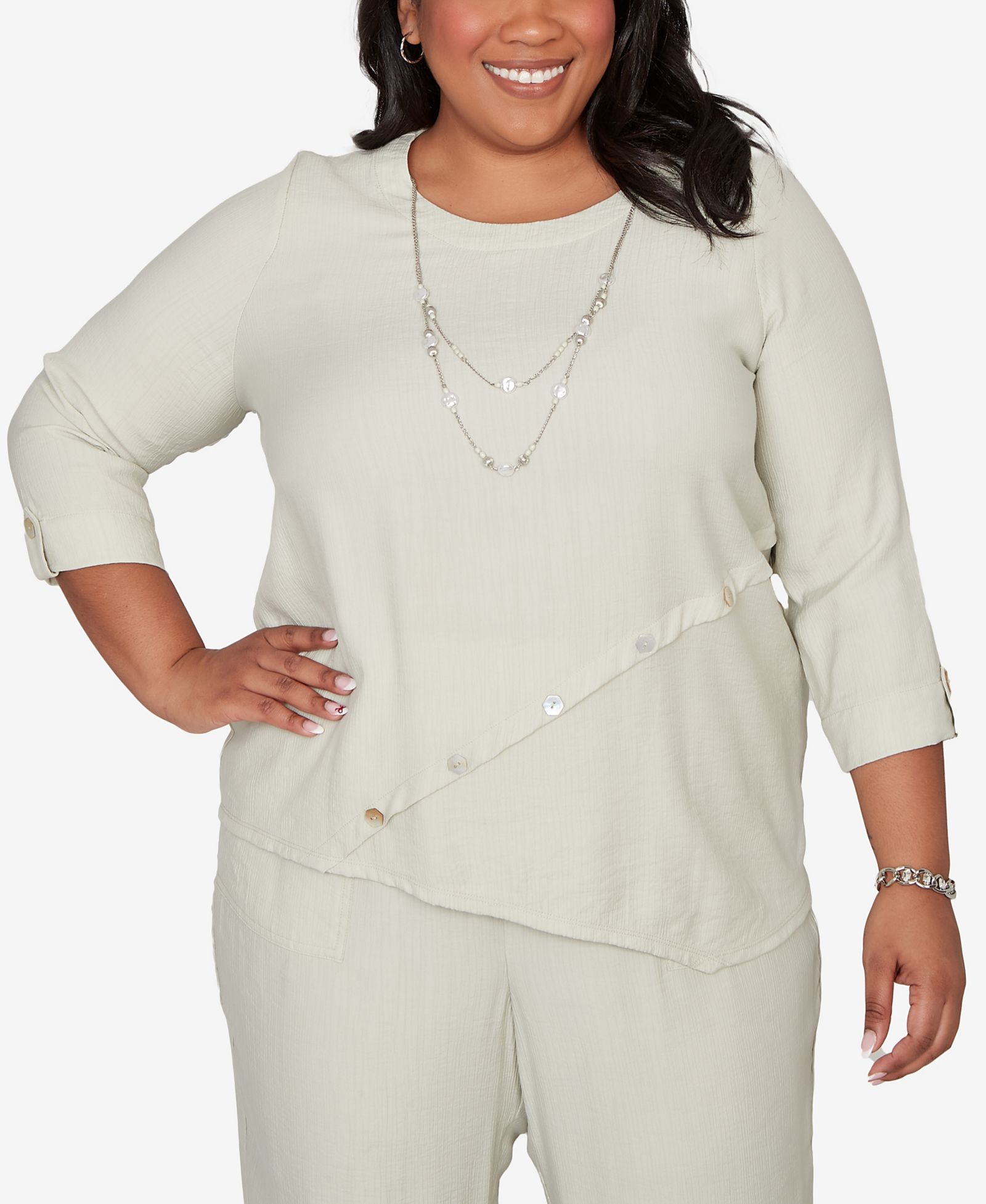 Alfred Dunner Plus Size Vintage Charm Diagonal Spliced Detailed Top with Necklace