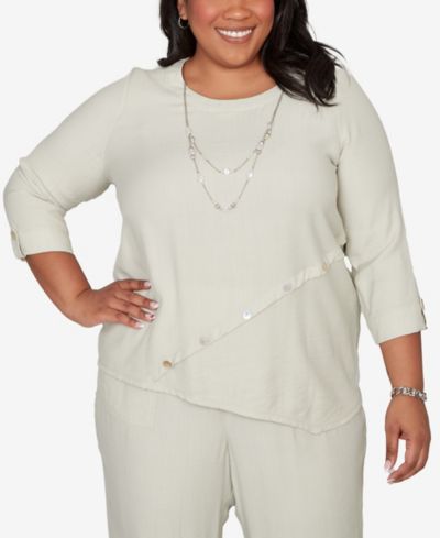 Alfred Dunner Plus Size Vintage Charm Diagonal Spliced Detailed Top with Necklace