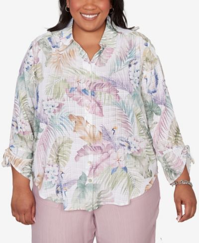 Alfred Dunner Plus Size Винтажный топ с тропическим принтом и рукавами со сборкой