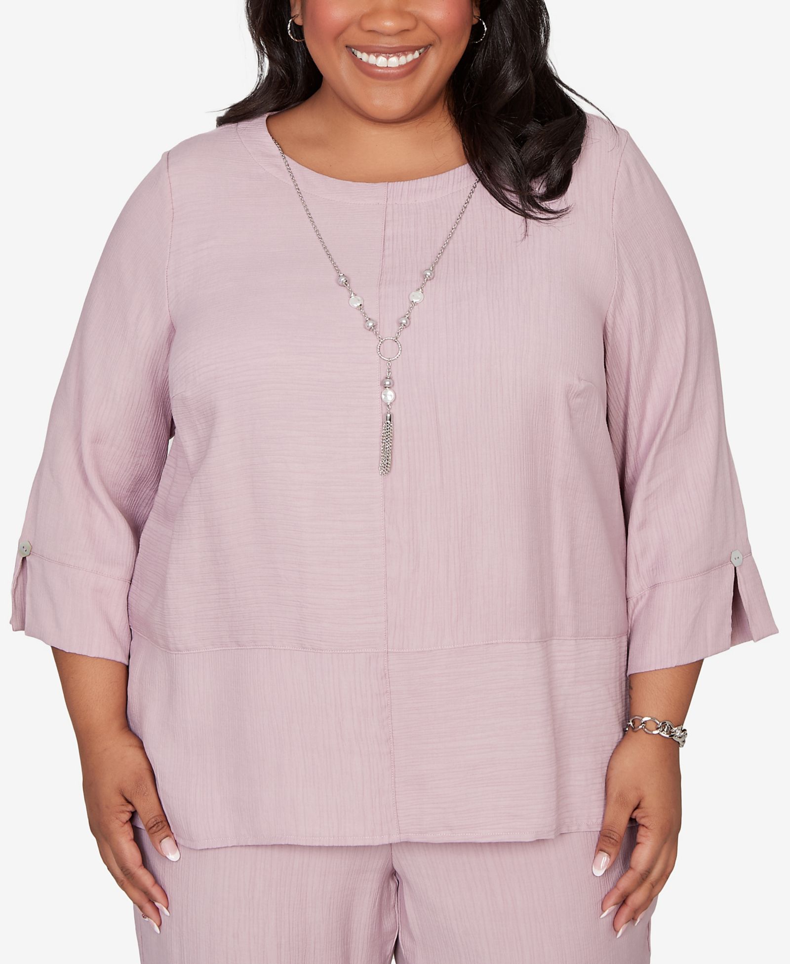 Alfred Dunner Plus Size Vintage Charm Textured Spliced Rose Top with Necklace