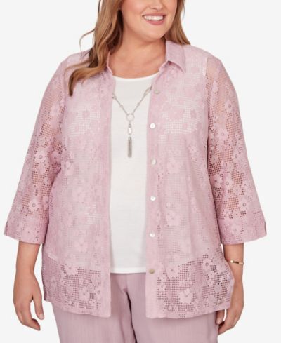 Alfred Dunner Plus Size Vintage Charm Floral Lace Two-In-One Top with Necklace