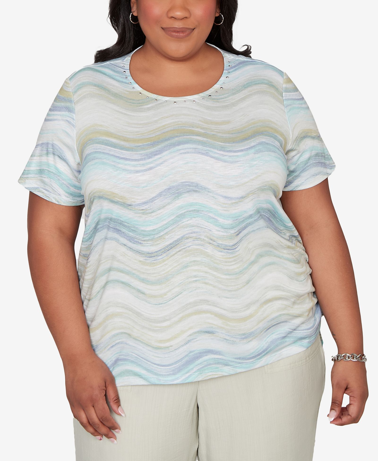 Alfred Dunner Plus Size Vintage Charm Wavy Biadere Side Tie Ruched T-Shirt