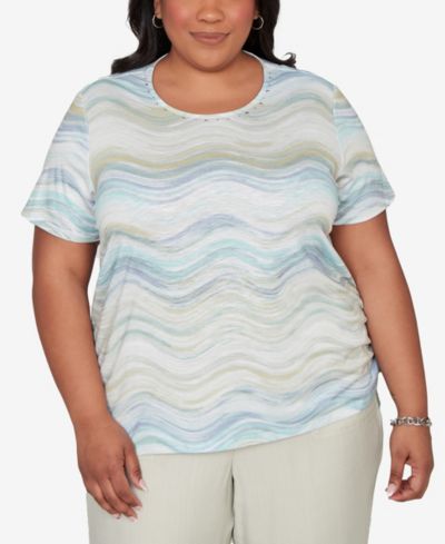 Alfred Dunner Plus Size Vintage Charm Wavy Biadere Side Tie Ruched T-Shirt