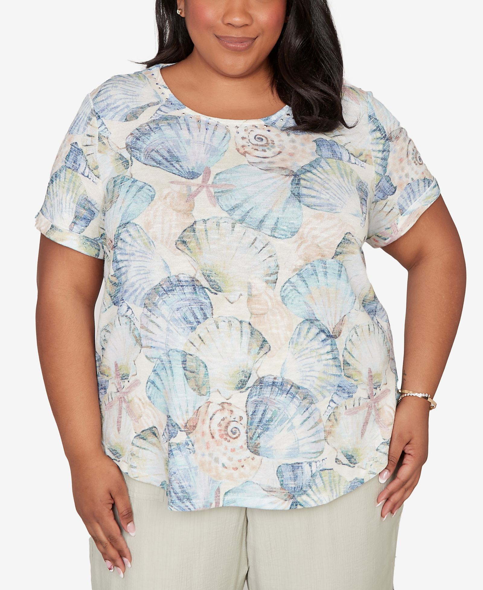Alfred Dunner Plus Size Vintage Charm Seashells Embellished Solid T-Shirt