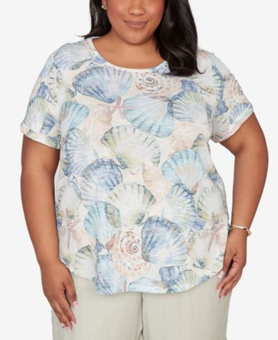 Alfred Dunner Plus Size Vintage Charm Seashells Embellished Solid T-Shirt