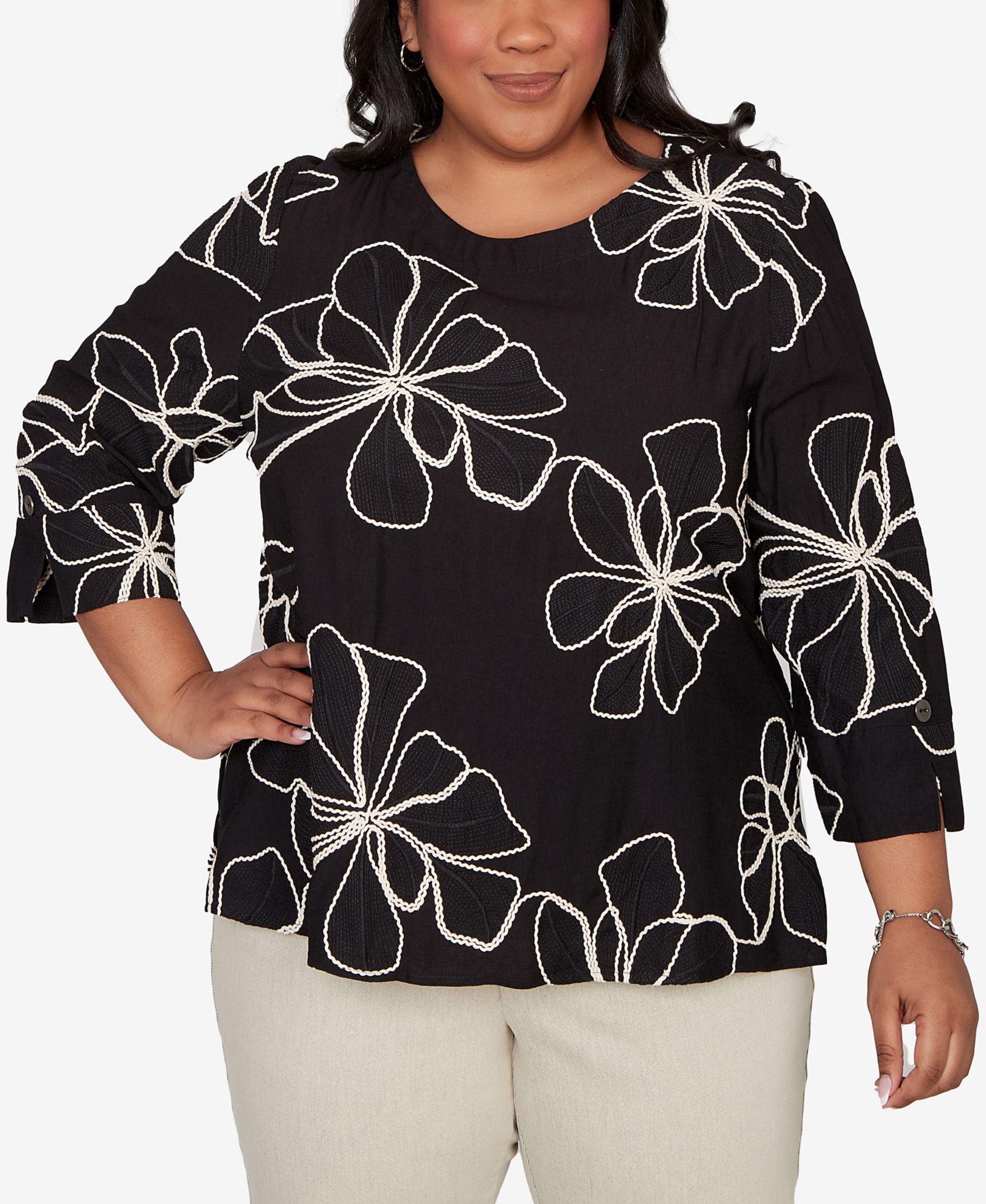 Alfred Dunner Plus Size Detail Driven Flower Soutache Three Quarter-Sleeve Top