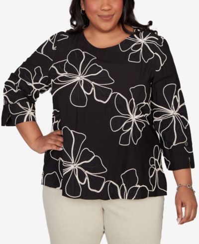Alfred Dunner Plus Size Detail Driven Flower Soutache Three Quarter-Sleeve Top