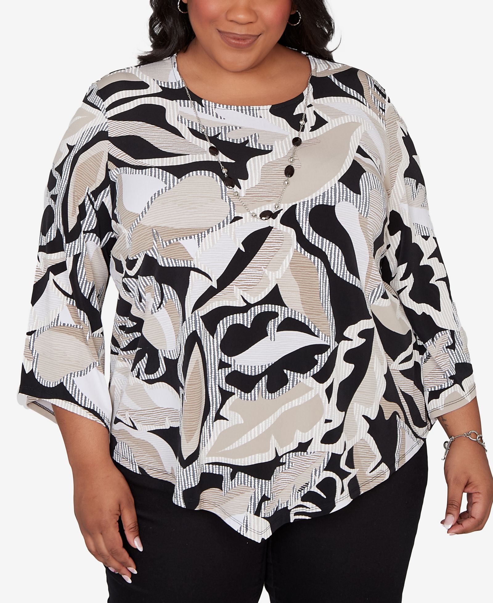 Alfred Dunner Plus Size Detail Driven Texture Leaves Pointed Hem Top with Necklace