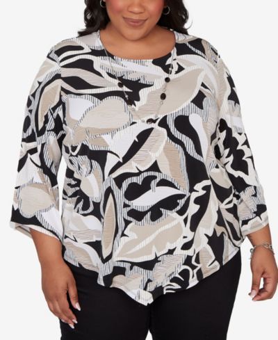 Alfred Dunner Plus Size Detail Driven Texture Leaves Pointed Hem Top with Necklace