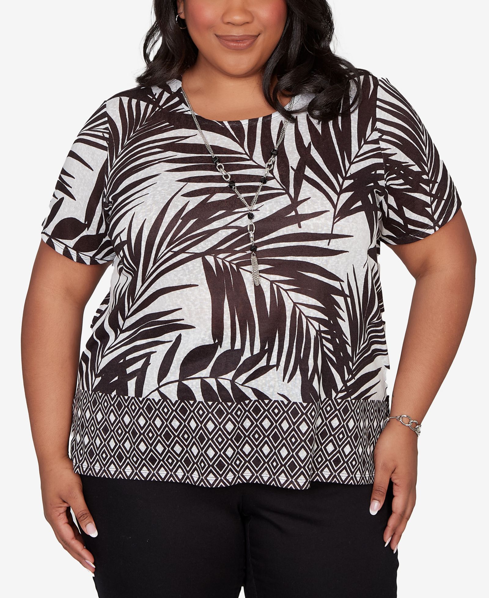 Alfred Dunner Plus Size Detail Driven Tropical Diamond Border T-Shirt with Necklace