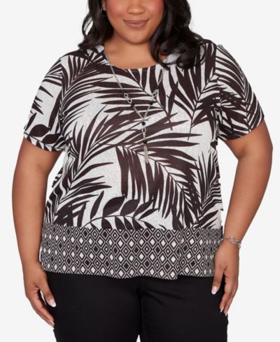 Женская футболка Alfred Dunner Plus Size Detail Driven Tropical Diamond Border с ожерельем