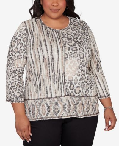 Alfred Dunner Женский топ Alfred Dunner Plus Size Detail Driven Spliced Aztec Animal Skin Crewneck Top