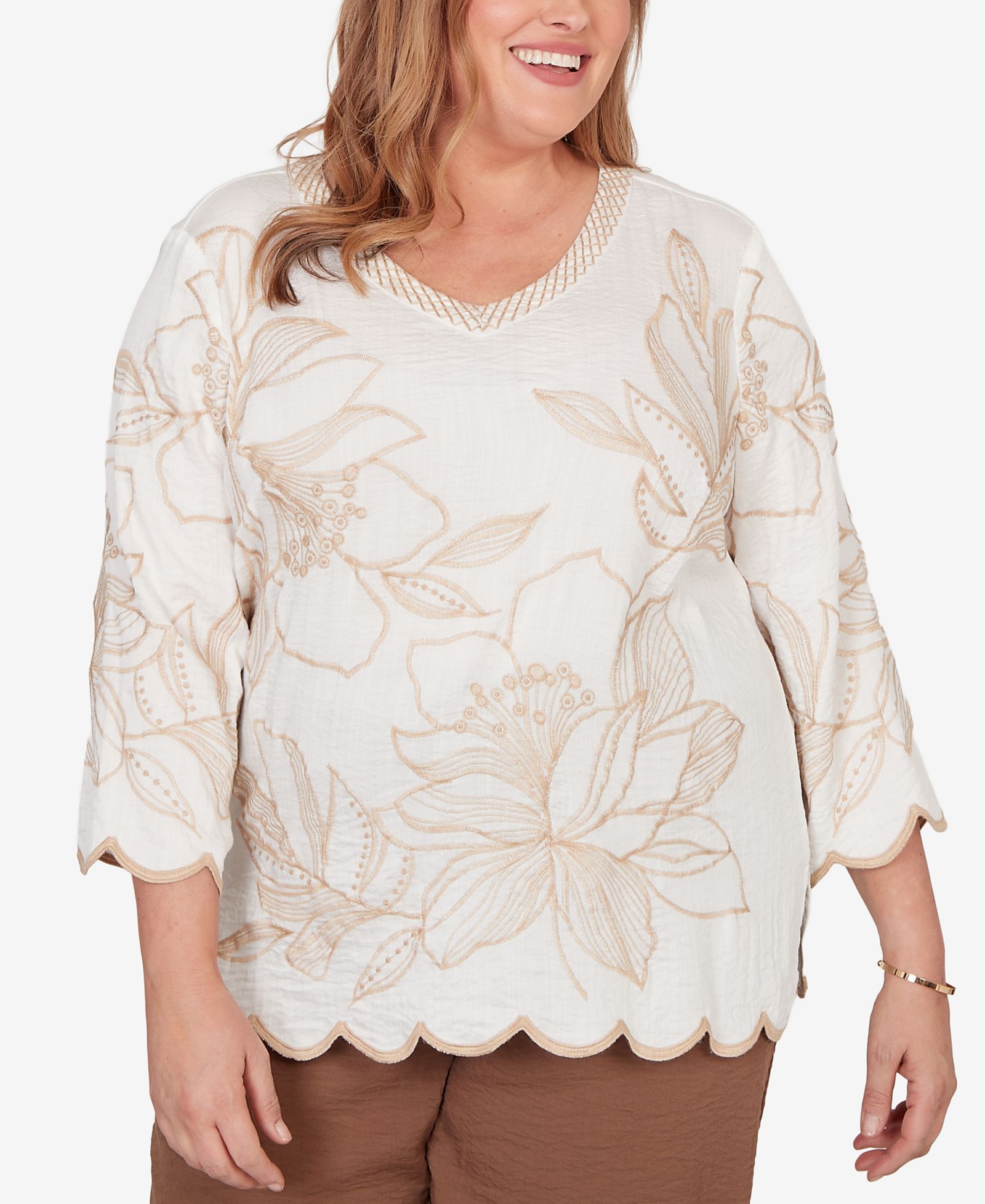Alfred Dunner Plus Size Spice Market Embroidered Floral V-Neck Textured Top