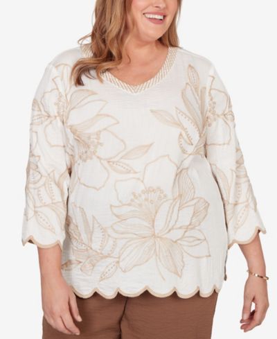 Alfred Dunner Plus Size Spice Market Embroidered Floral V-Neck Textured Top