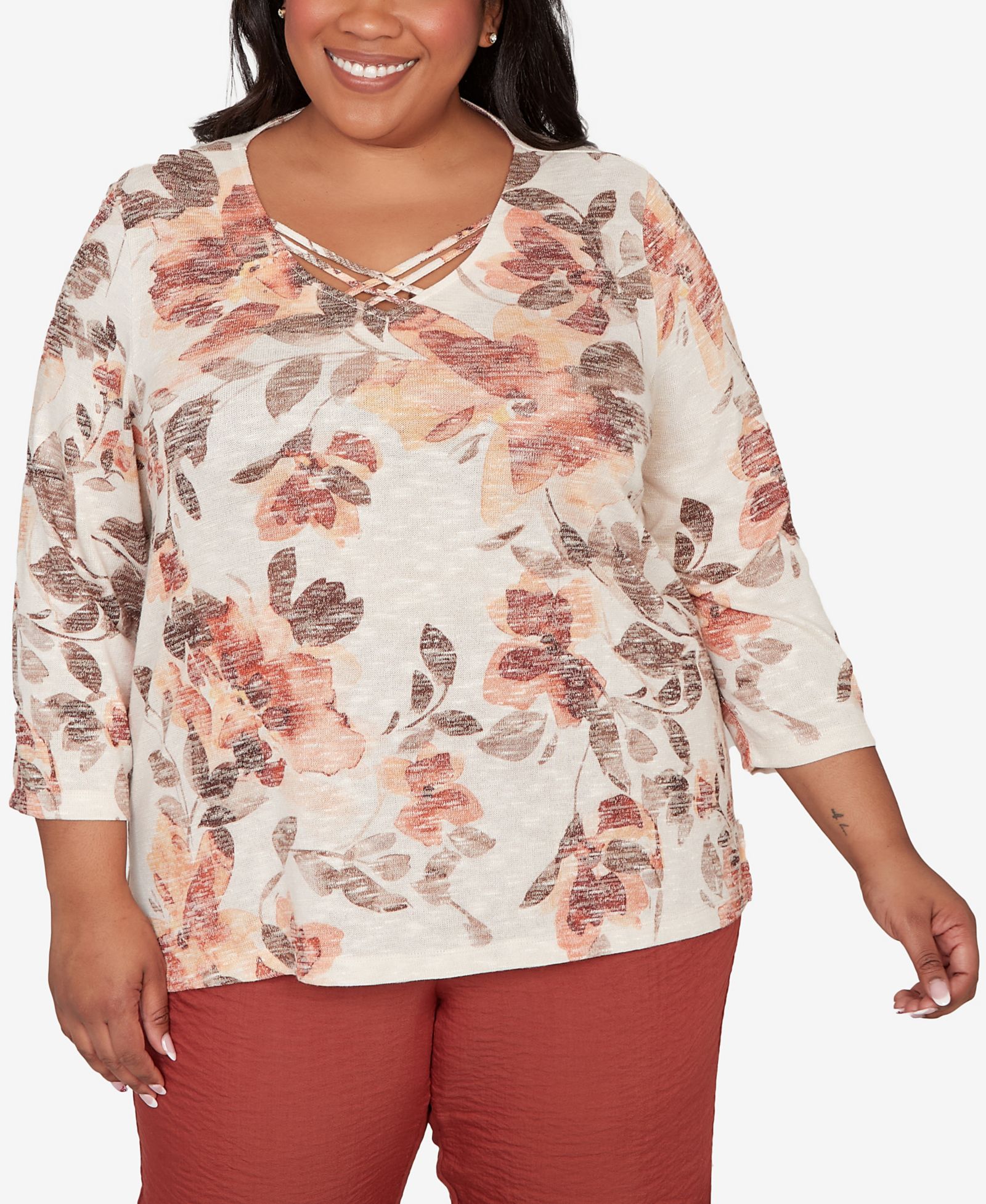 Alfred Dunner Plus Size Spice Market Embellished Neck Watercolor Floral Top