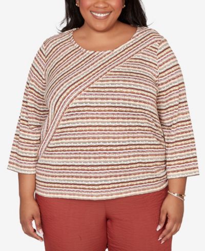 Alfred Dunner Plus Size Spice Market Spliced Textured Stripe Ruched Tie Top