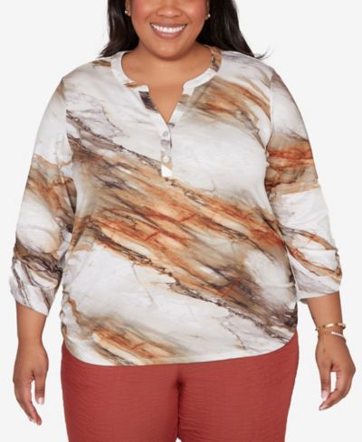 Alfred Dunner Plus Size Spice Market Marble Print Split Neck Top