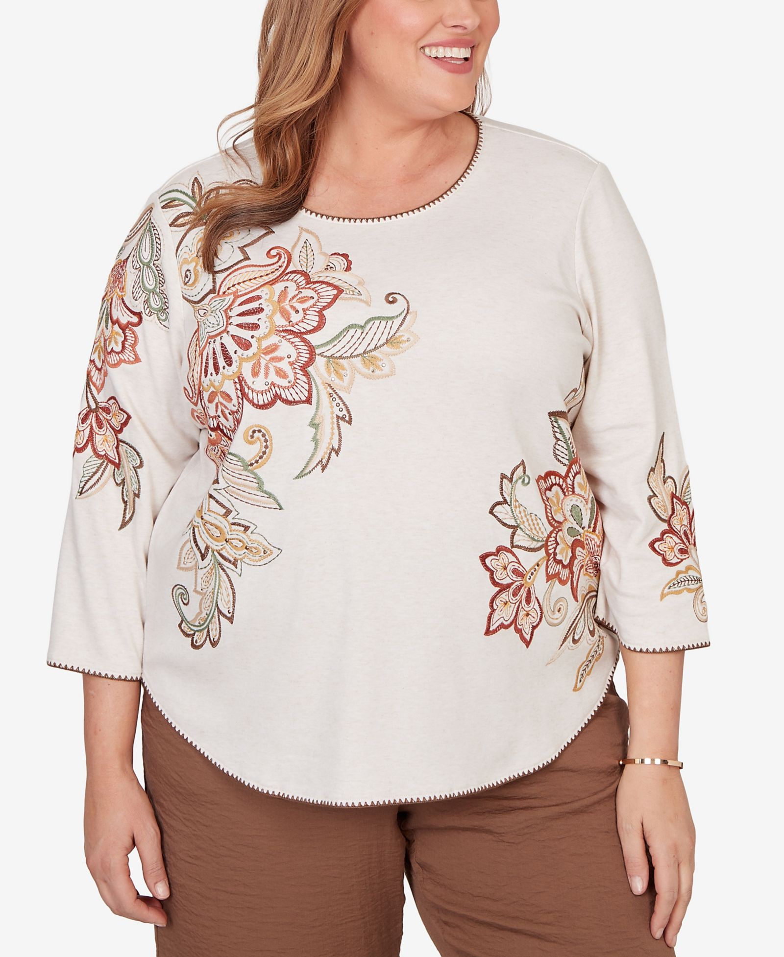 Женский топ Alfred Dunner Plus Size Spice Market Asymmetrical Scroll Floral Round Hem