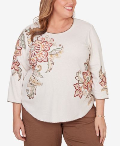 Alfred Dunner Plus Size Spice Market Asymmetrical Scroll Floral Round Hem Top