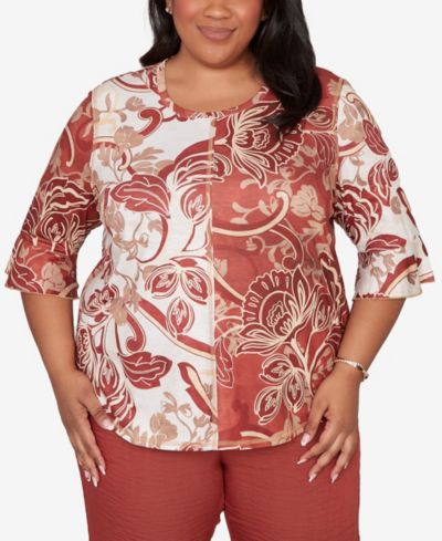 Alfred Dunner Plus Size Spice Market Spliced Colors Scroll Print Top