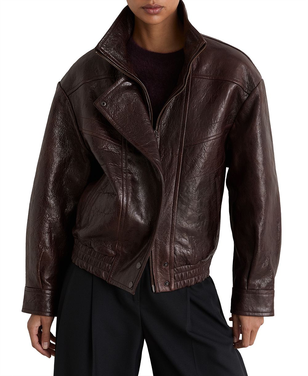REISS Women's Petra Oversized Funnel-Neck Leather Jacket