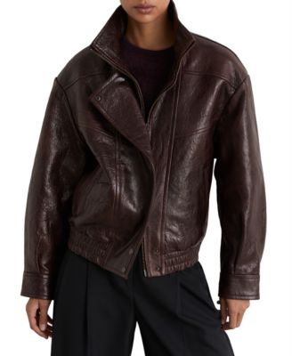 REISS Women's Petra Oversized Funnel-Neck Leather Jacket
