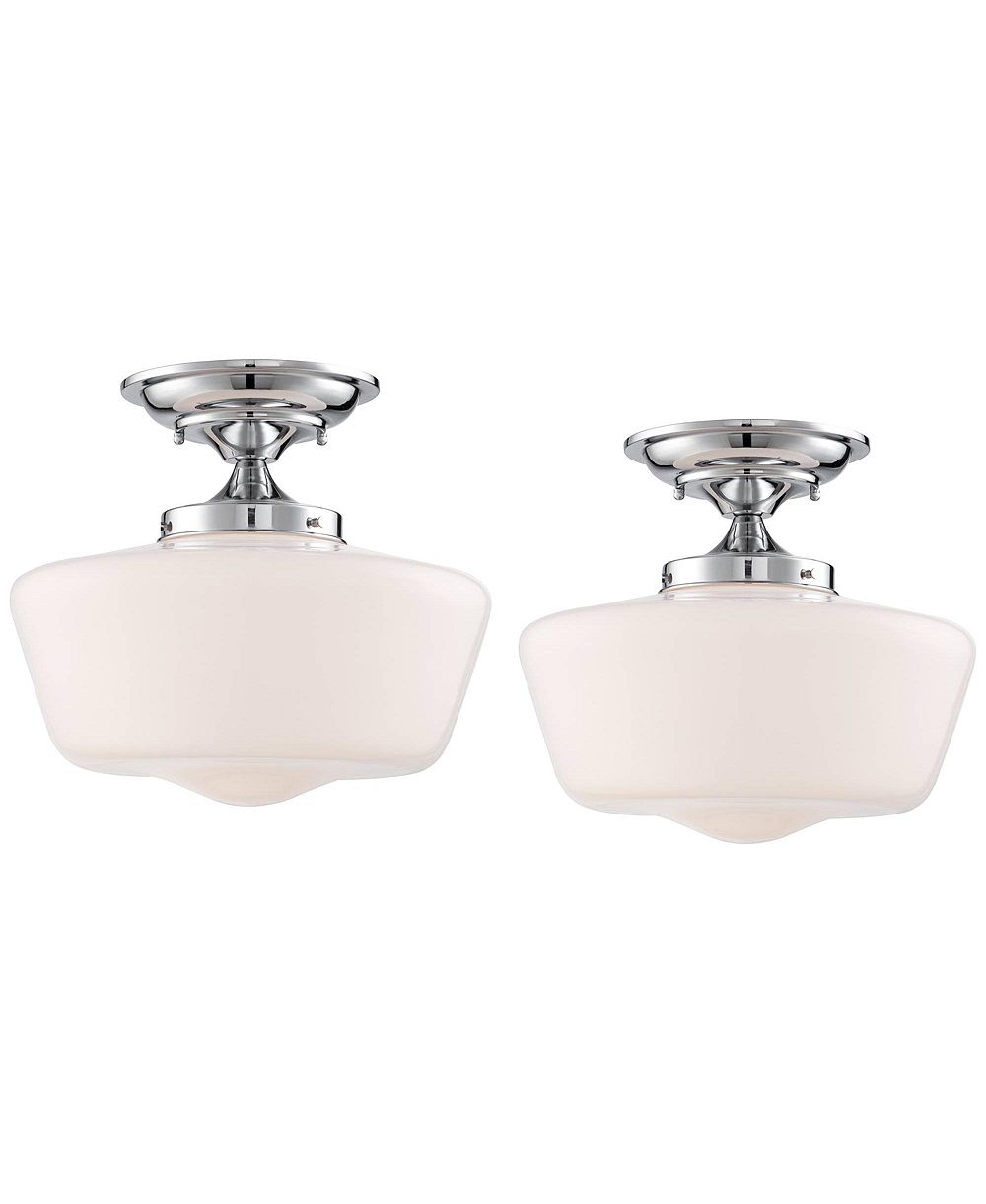 Regency Hill Schoolhouse Rustic Farmhouse Ceiling Light Semi Flush Mount Fixture Set of 2 Chrome Metal White Glass Shade for Bedroom