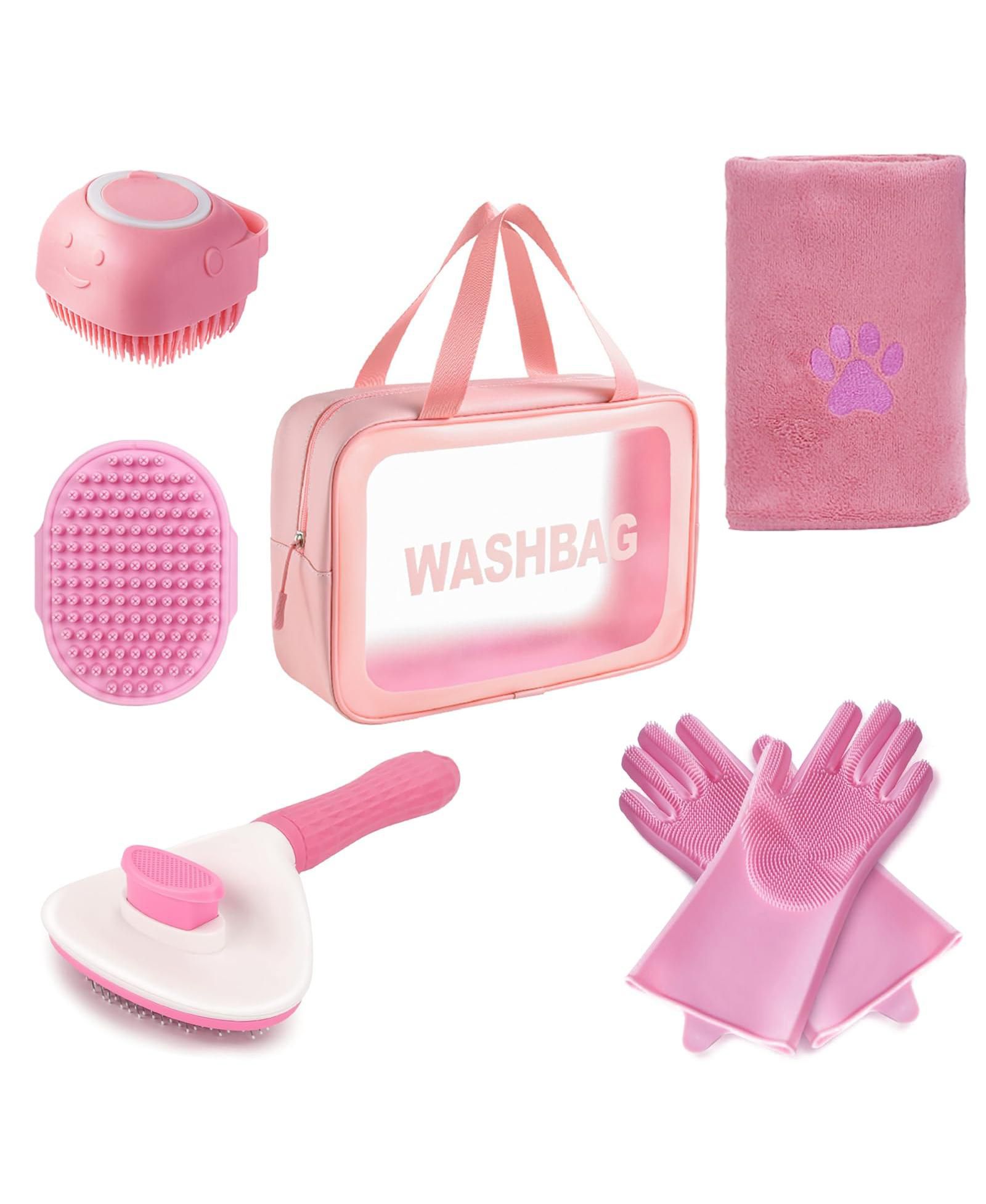 ARONKL 6pcs Dog Washing Kit with Brush Shampoo Scrubber Gloves Quick Dry Towel Waterproof Organizer Bag