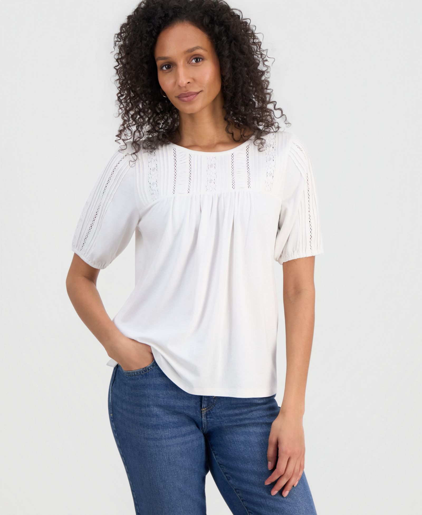 Style & Co Petite Solid Applique Cotton Short-Sleeve Blouse, Exclusively at Macy's