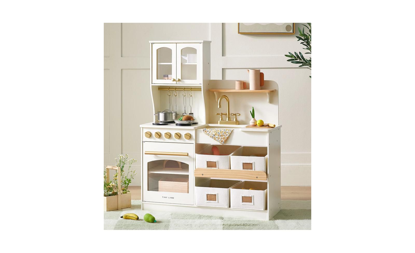 Tiny Land Wooden Storage Play Kitchen With 4 Removable Bins, Ages 3+